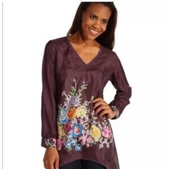 Johnny Was Plum Purple Floral 100% Silk Tunic Tops Size Small - Picture 1 of 14